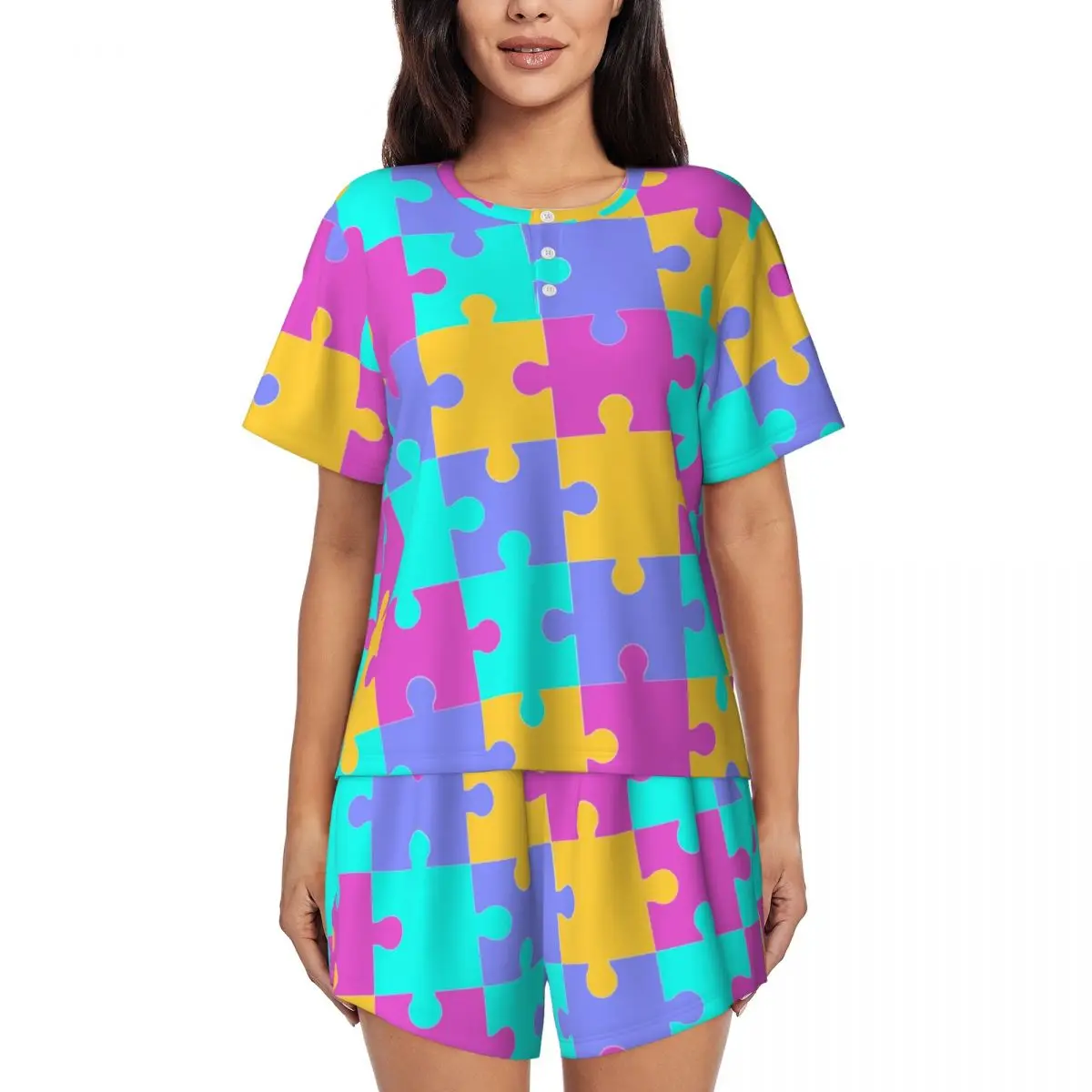 Custom Printed Womens Colorful Jigsaw Puzzles Autism Awareness Pajamas Set Short Sleeve 2 Piece Sleepwear Pjs Lounge Sets