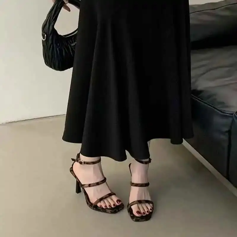 

Leopard High Heels For Ladies Sandals Sexy Belt Party Shoes Summer Heeled Sandals White Square Toe Stiletto Shoes Femme