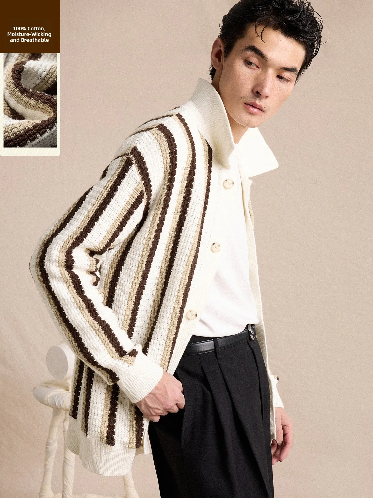 

CULTUM Pure Cotton 00 Loose Fit Knitted irt Men's Hollow out Button Casual Lazy Open Cardigan Soft Comfortable Spring Wear