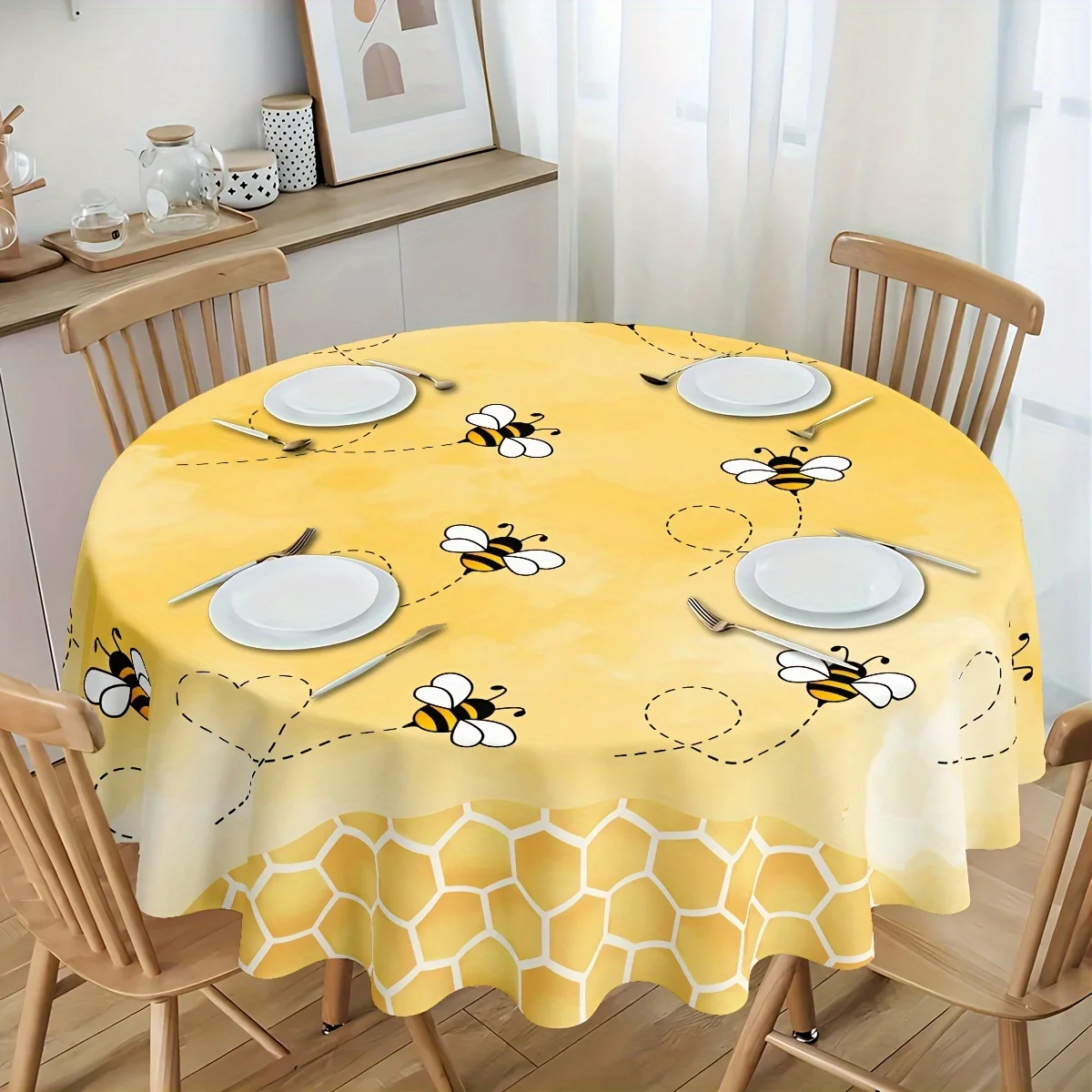 1pc Bright Yellow Bee and Hive Tablecloth - Polyester, Round Design