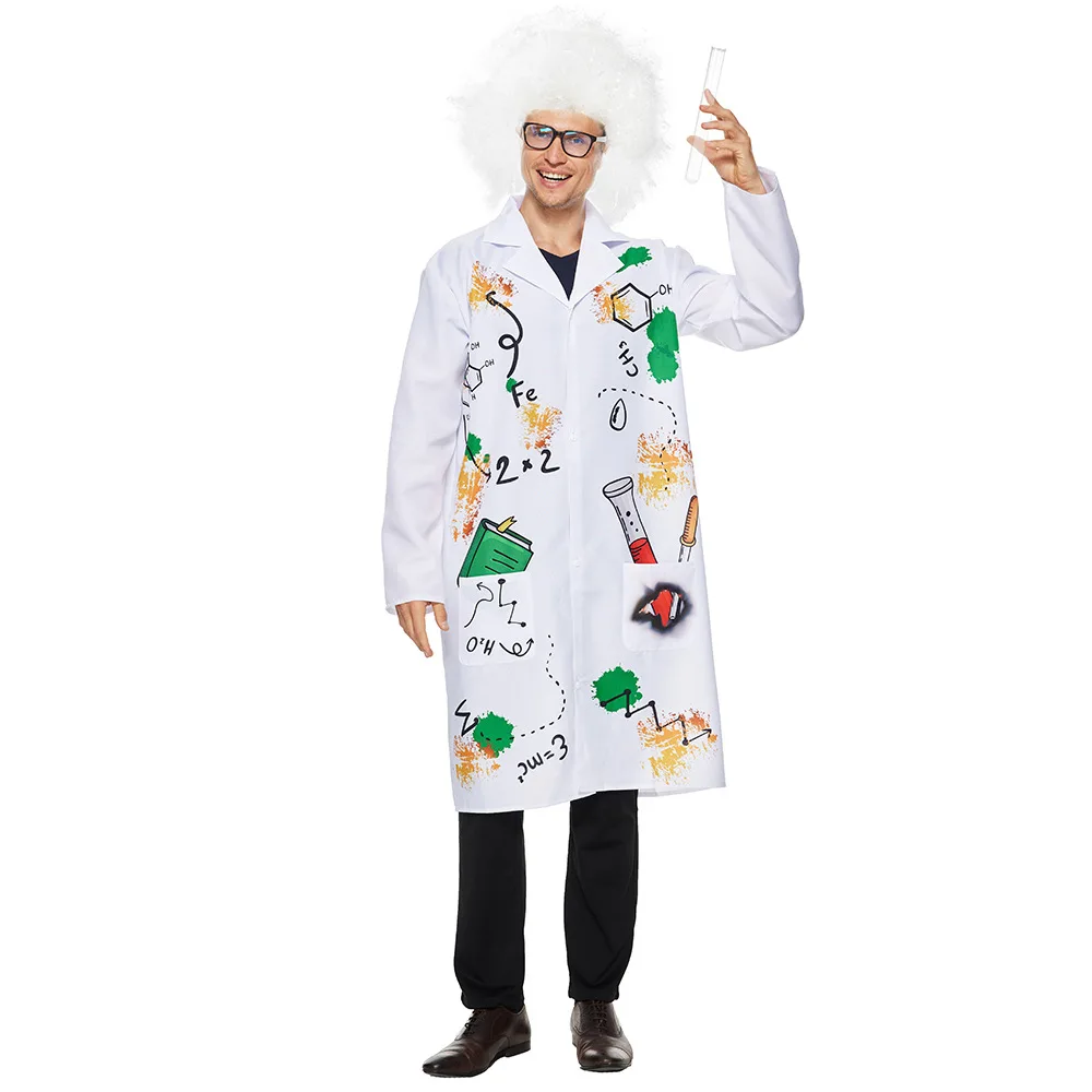 2025 New Arrival Halloween Lab Coat Fancy Dress Up Jacket With Wig SetMad Scientist Costume