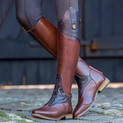 Nuovi stivali da equitazione da donna con tacco basso Stivali alti al ginocchio in pelle Pu Autunno Inverno Stivali da cavaliere con lacci marrone nero Scarpe da donna