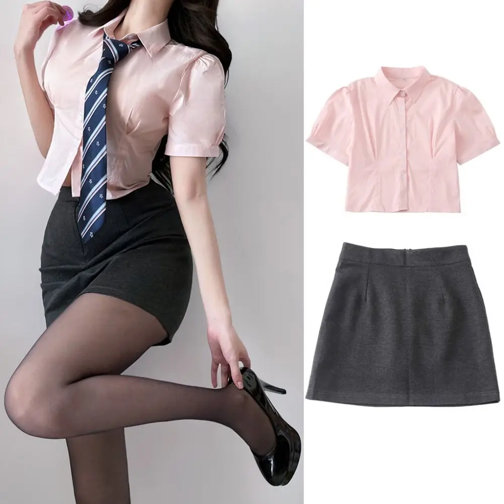 Slim Shirt Preppy Style Korean Jk Uniform Pure Pink Puff Sleeves Korean Uniform Set Stretch Waist Girls JK Uniform Daily