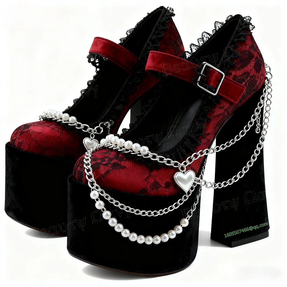

Red Velvet Pearl Chain Decor Platform Pumps Chunky Heel Buckle Round Toe High Shoes for Women Heels Shoes Zapatos Para Mujere