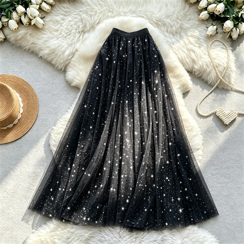 Women Star Sequin Tulle Long Skirt Elastic High Waist A-line Maxi Skirt Ladies Layered Mesh Flowy Elegant Long Party Skirt