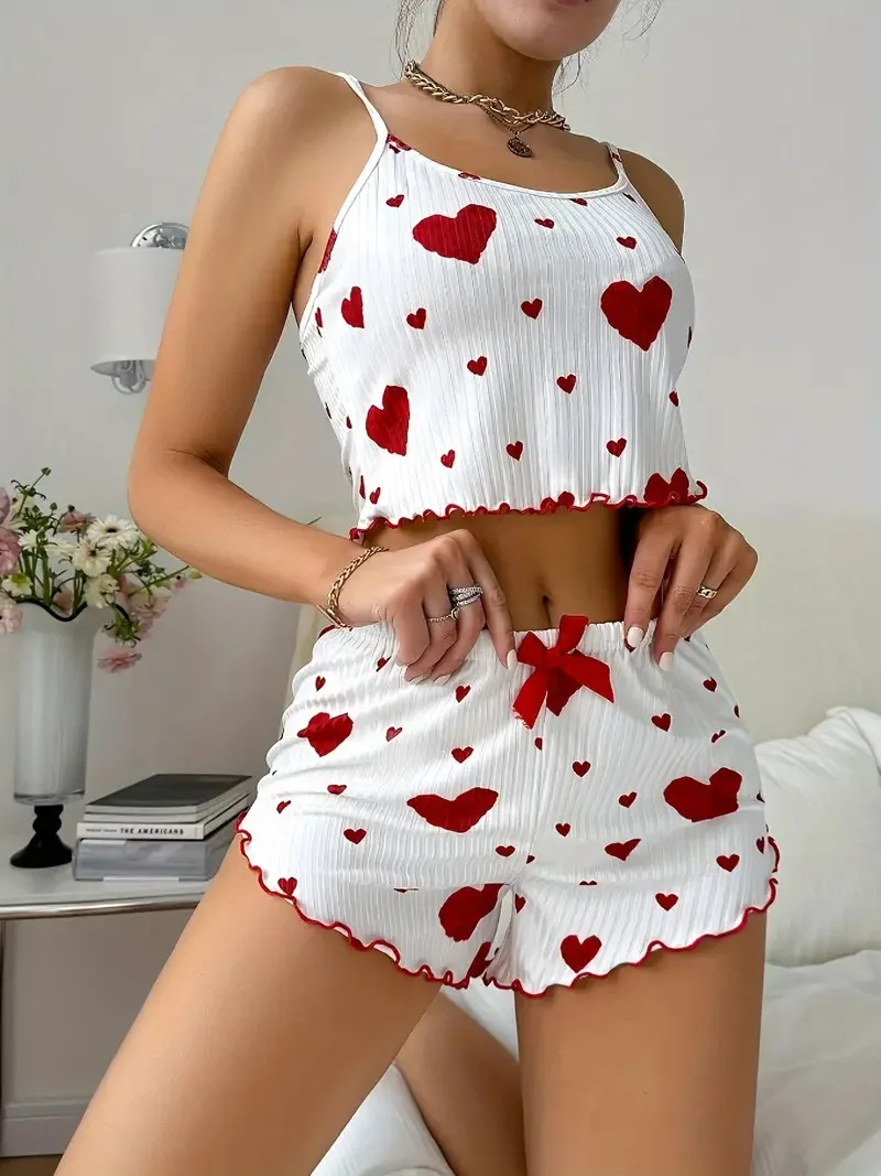 Summer Sleepwear Women Heart Print Relaxed Fit Pajama Set Round Neck Backless Crop Cami Top and Shorts Set Loungewear