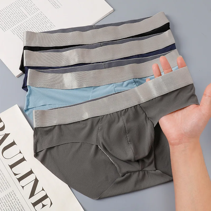 Men Sexy Underwear Briefs Low Waist Seamless Ice Silk Panties Light Thin Breathable Underpants U Convex Pouch Bikini Slip Homme