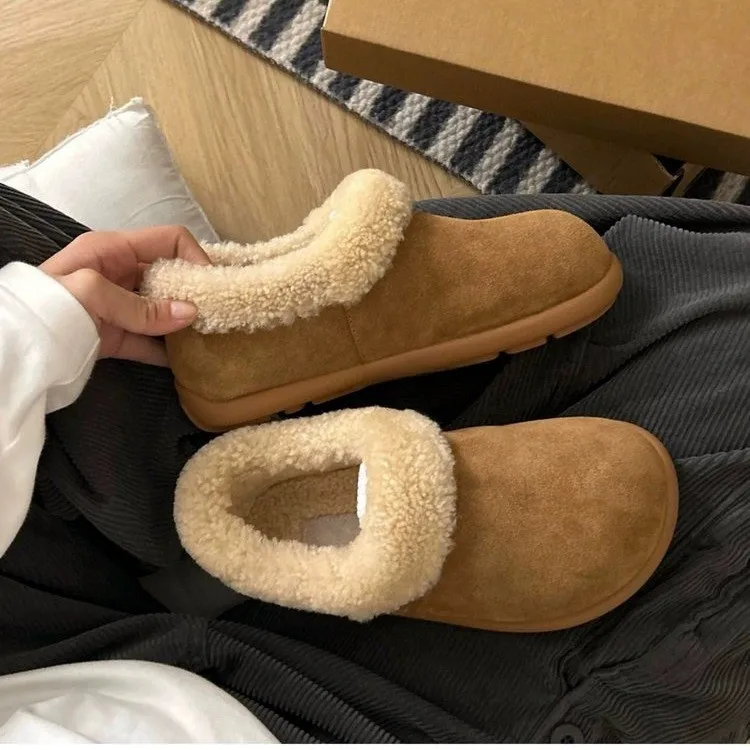 Sapatos mulher apartamentos deslizamento-em outono mocassins pele dedo do pé redondo vestido deslizamento no outono novo inverno chinelo de borracha med costura rebanho curto pelúcia