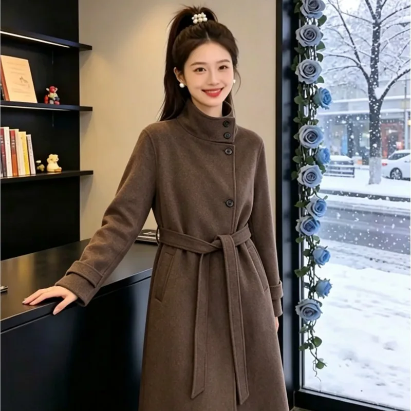Women Autumn Winter Elegant Solid Stand Collar Woolen Overcoat with Belt Female Leisure street style Outerwear