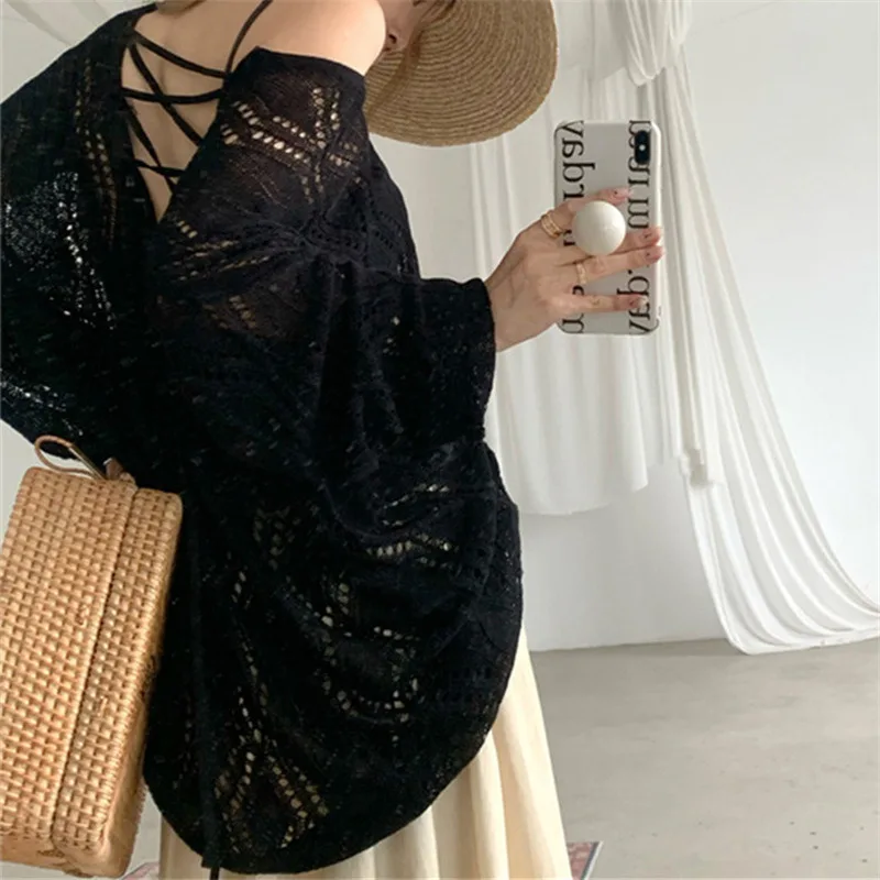 2024 New Women's Fashion Knitted Cover Up Solid Color Hanging Strap with Lazy Design and Small Crowned Open Back Top