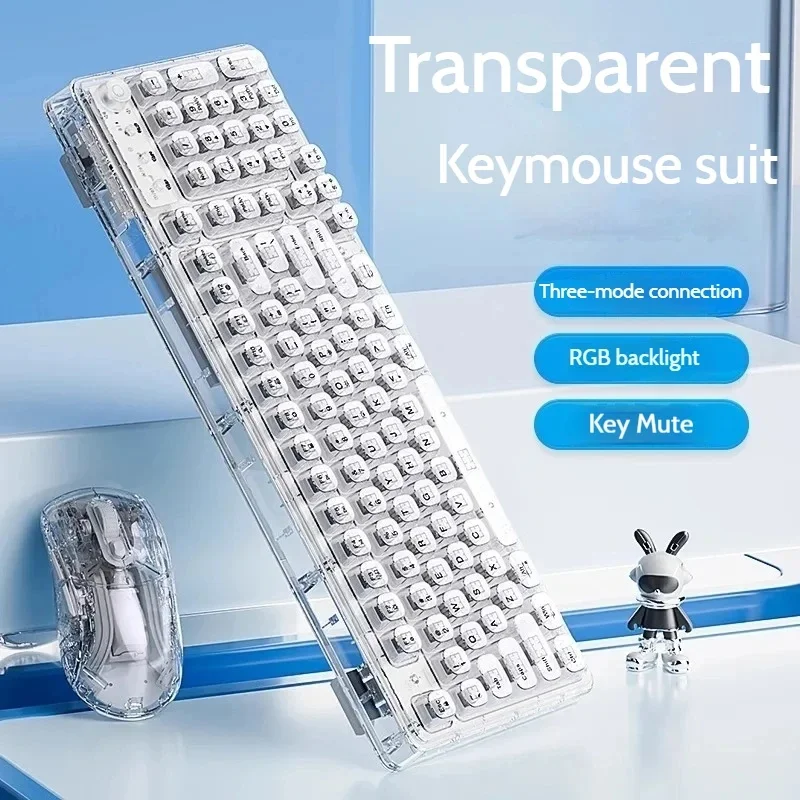 Transparent Ice Crystal Wireless Bluetooth Keyboard Mouse Combo Set Silent Mute RGB Backlight Tri-mode Mechanical Feel Keyboard