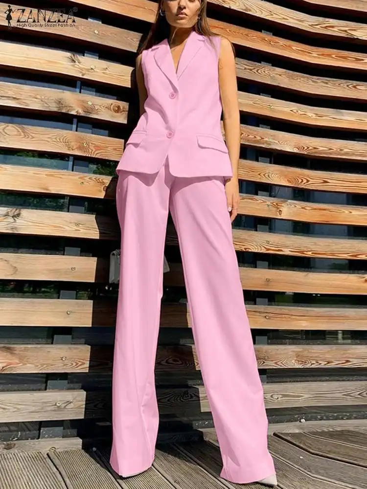 ZANZEA Fashion Summer Matching set 2 pezzi set di pantaloni donna Pink gilet Streetwear tute eleganti pantaloni elastici in vita