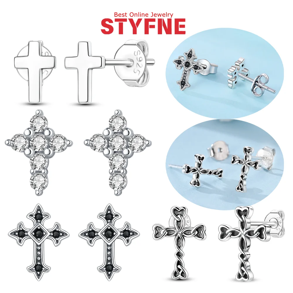 Pendientes de plata 925 de la serie religiosa, pendientes de Cruz negra Retro de circonita brillante para joyería exquisita, regalo de cumpleaños para chica guay