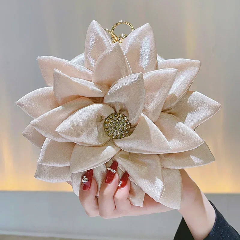 Sweet Handbag Women Elegant Evening Bag Fashion 3D Flower Round Bag Graceful Satin Clutch Chic Design Rhinestone Bracelet Bags