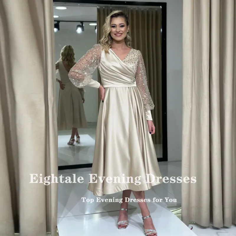 Eightale Champagne Prom Dresses V-Neck Glitter Long Sleeves A-Line Customized Short Evening Party Gown Ballkleider