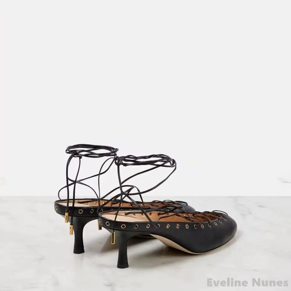 Retro Closed Toe Lace Up Mules Women Solid Leather Hollow Cross Strap Kitten Heel Sexy High Heels 2025 Summer Fashion Sandals