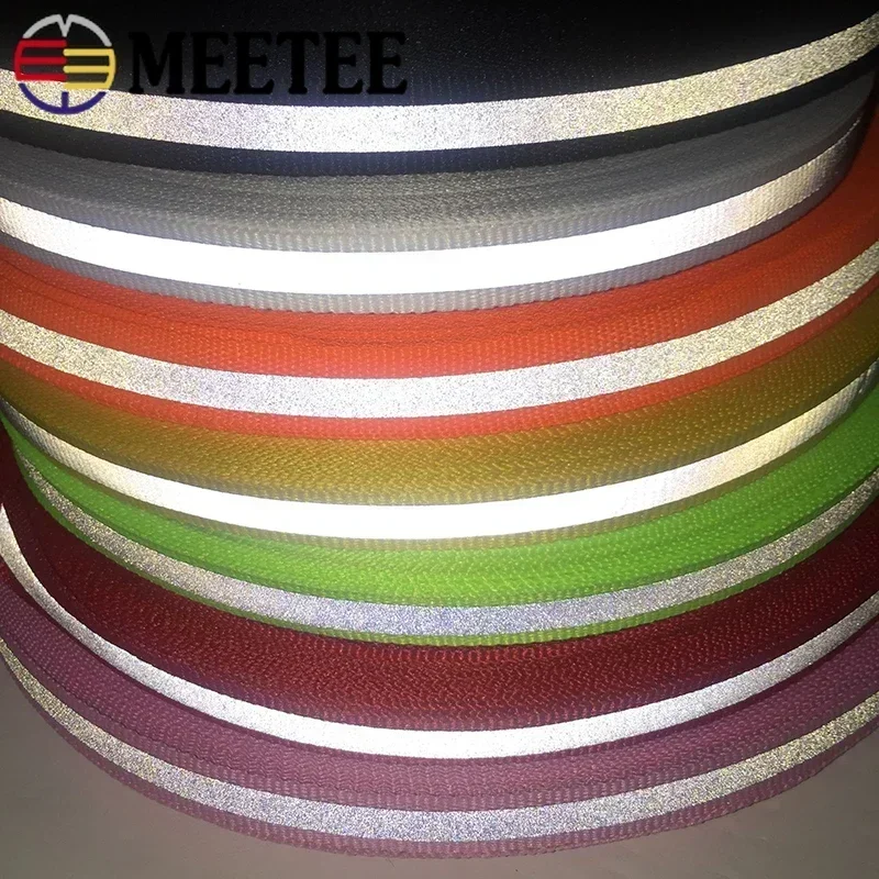 Meetee 50Yards 1cm Nylon Fluorescent Silver Reflective Webbing Ribbon Safe Warning Tape Trims DIY Garment Bag Clothes Material