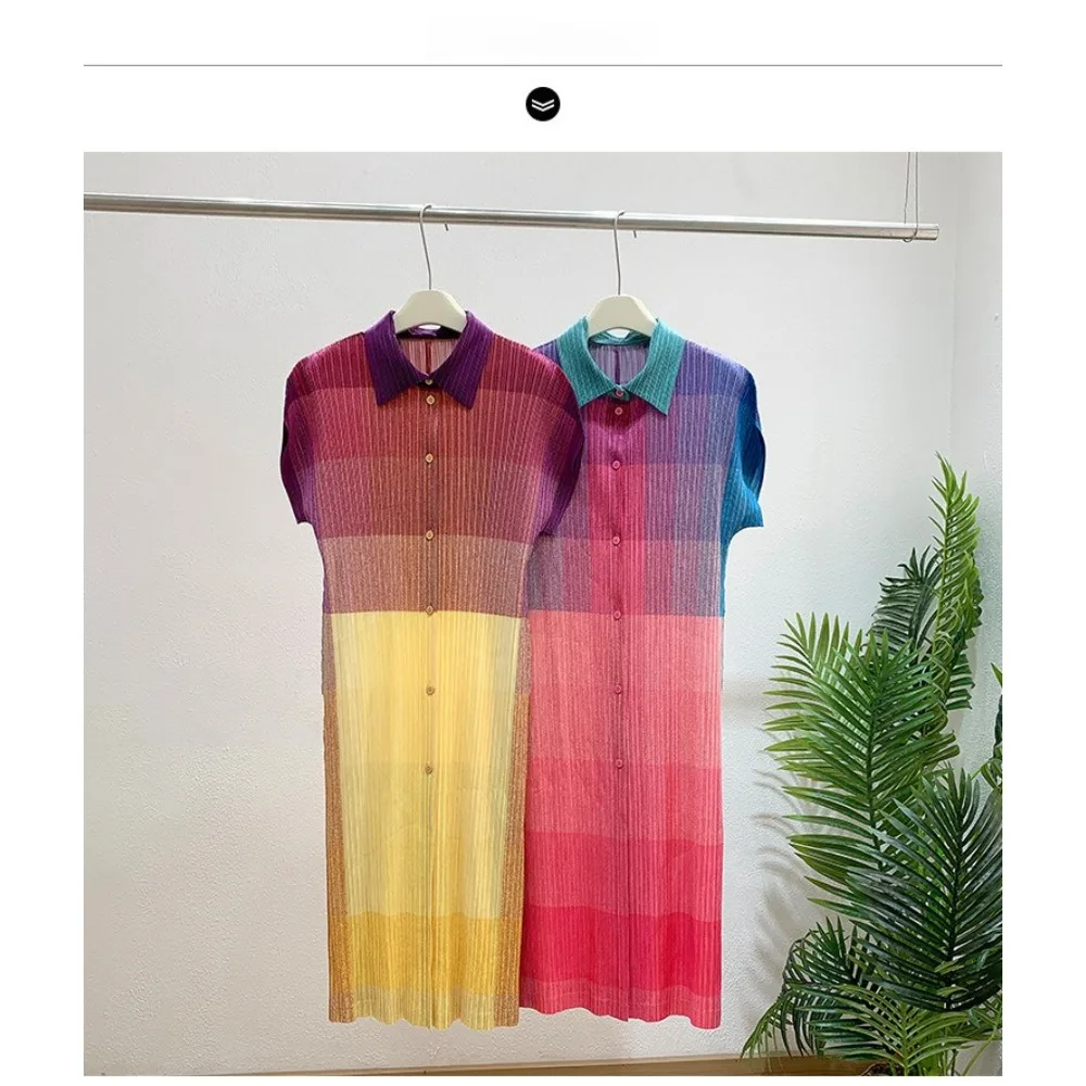 

Miyake Pleated Plus Size Dresses Women 2025 Spring New Printed Dresses High Stretch Gradient Colour Lapel Fold Long Dresses