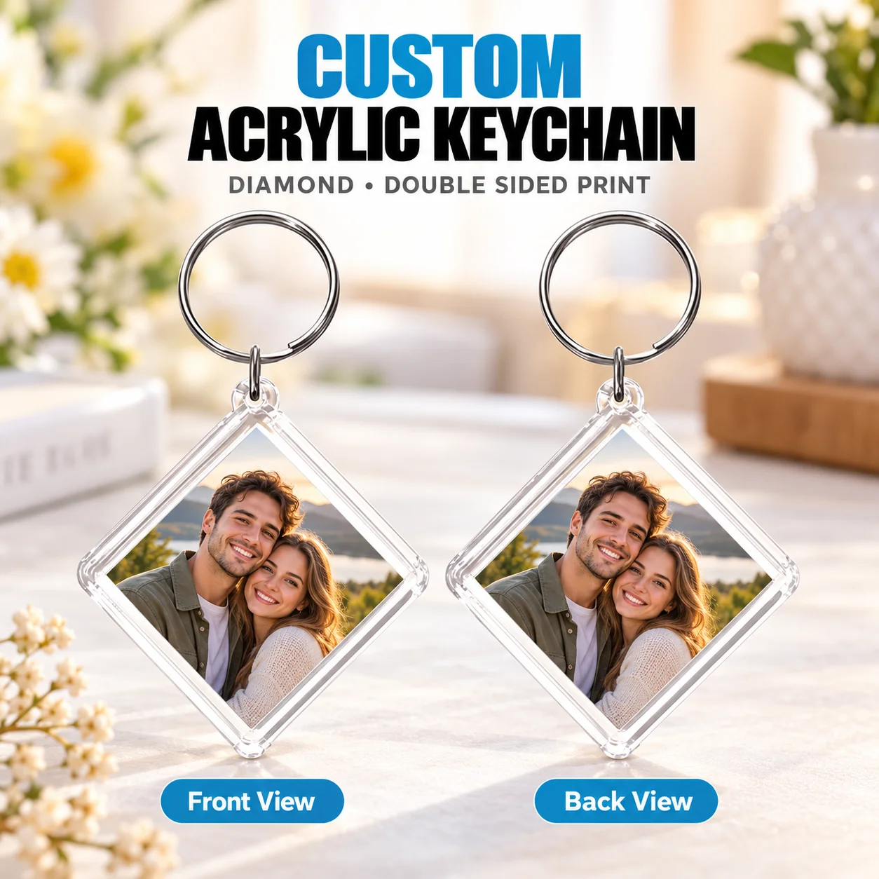 Custom Photo Keychain Personalized Acrylic Keychain Double Sided Diamond Clear Holder Metal Ring for Keys Bag Luggage Gift 1pc