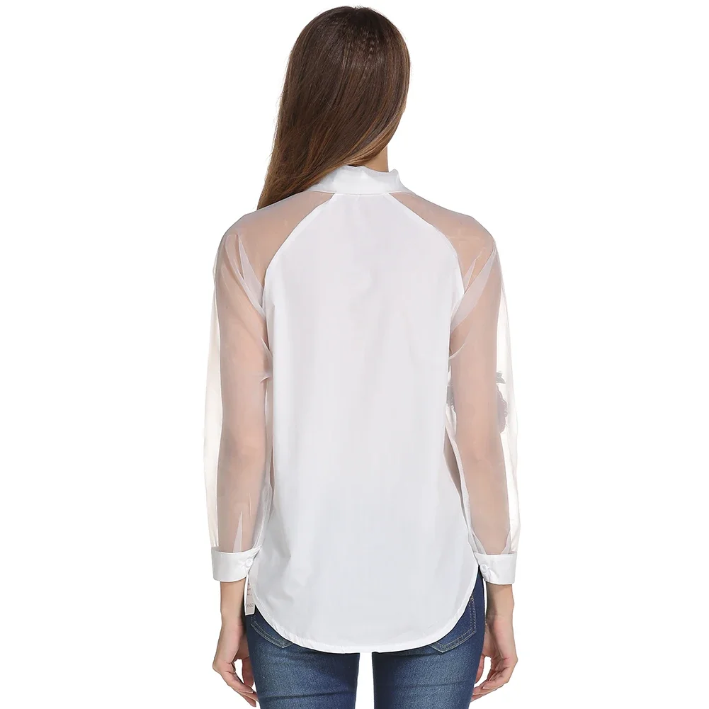 Fashion Women Organza Embroidery Flowers Chiffon Blouse Long Sleeve Casual Shirt Plus Size Female Stitching White Blouse S-3XL