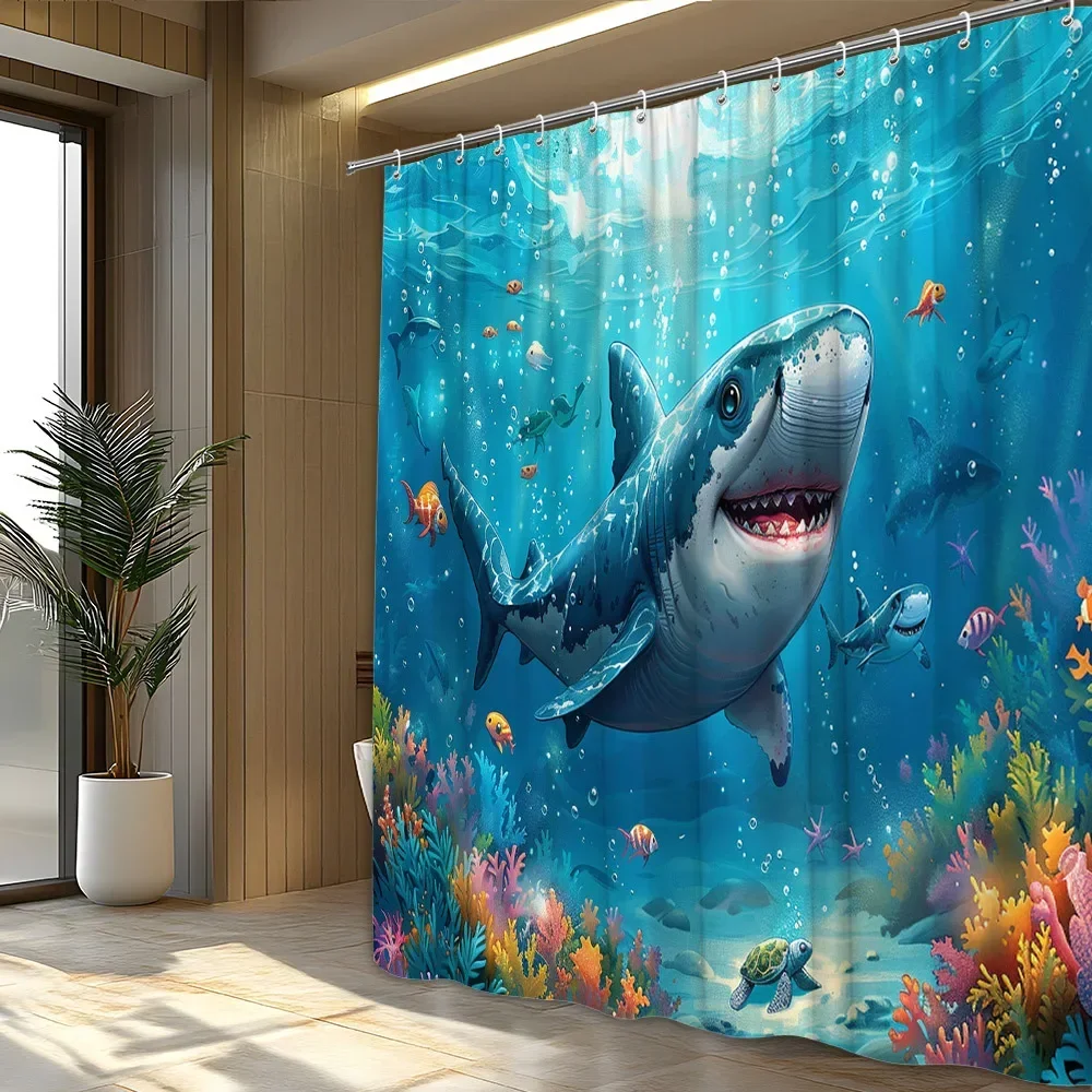 1pc Menacing Great White Shark Shower Curtain with Sharp Teeth & Intense Gaze - Vibrant Coral Reef & Marine Life Design, Durable