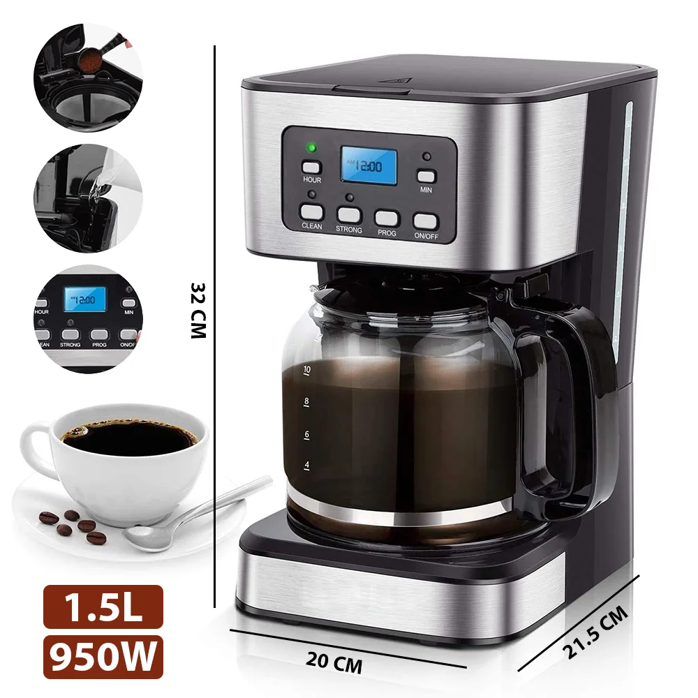 Visible Water Drip Coffee Maker 950W 1.5L Capacity Timer Function Anti-Drip Filter Coffee Machine With 900ml Glass Teapot