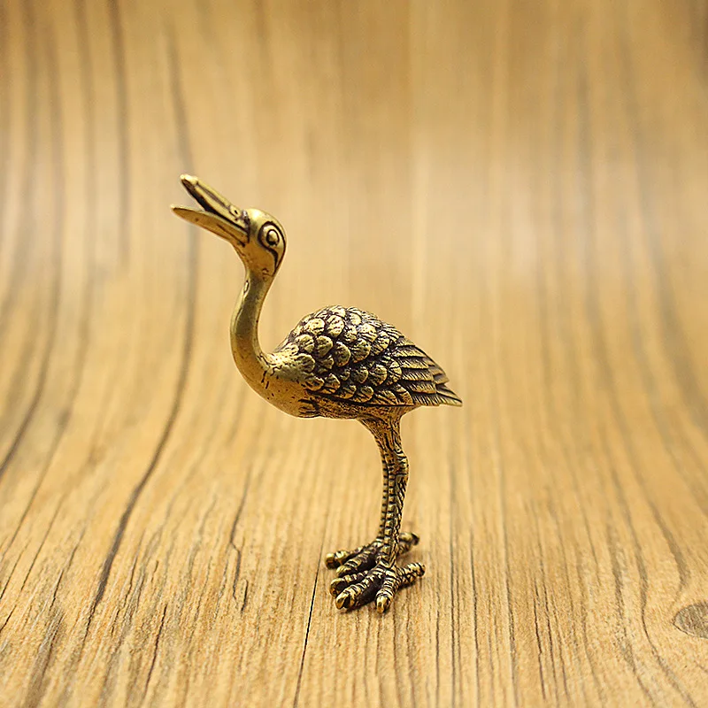 Solid Copper Chinese Feng Shui Animal Crane Sculpture Figurines Retro Office Desktop Decoration Ornament Bronze Home Decor