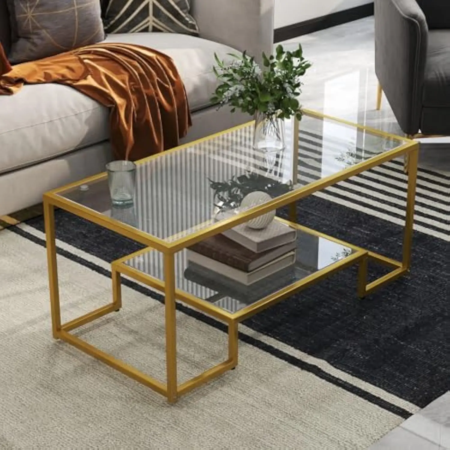 

42 Rectangular Glass Coffee Table for Living Room, 2-Tier Center Tea Table with Metal Frame for Small Space, Apartment, Office