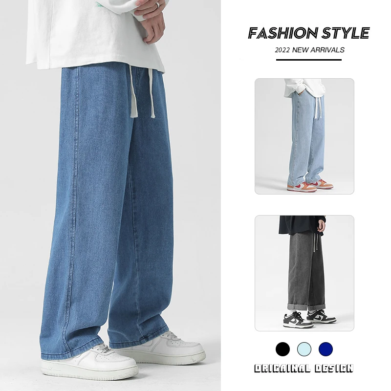 New Streetwear Baggy Jeans Men Korean Fashion Loose Straight Wide Leg Pants Men's Denim Trousers Light Blue Black 5XL