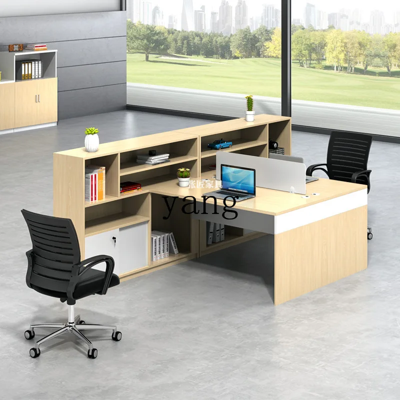 LH desk, chair with locker, company employee card space, screen partition