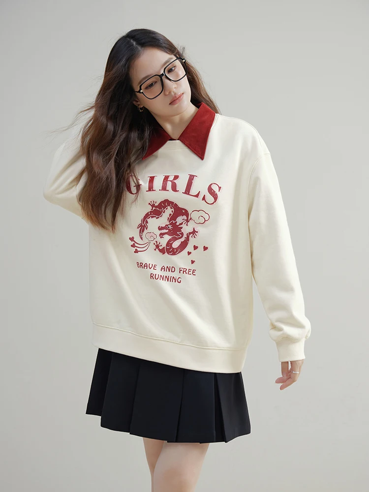 DUSHU Round Neck Casual Beige White Sweatshirts Letter Print Winter New Women Drop Sleeve Tops Fleece Lined Pullovers