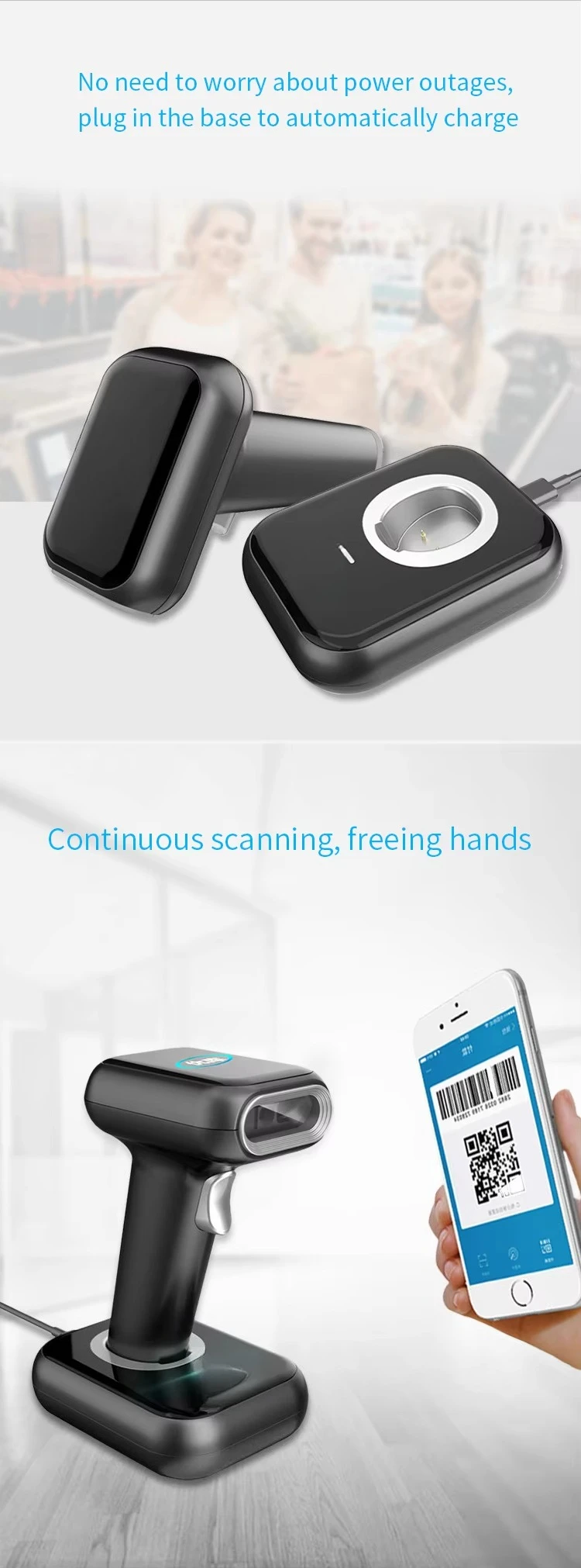 

WHS-26 Wireless 2D QR Barcode Scanner with Cradle for Retail Logistic Supermarket Warehouse Agreesive Performance