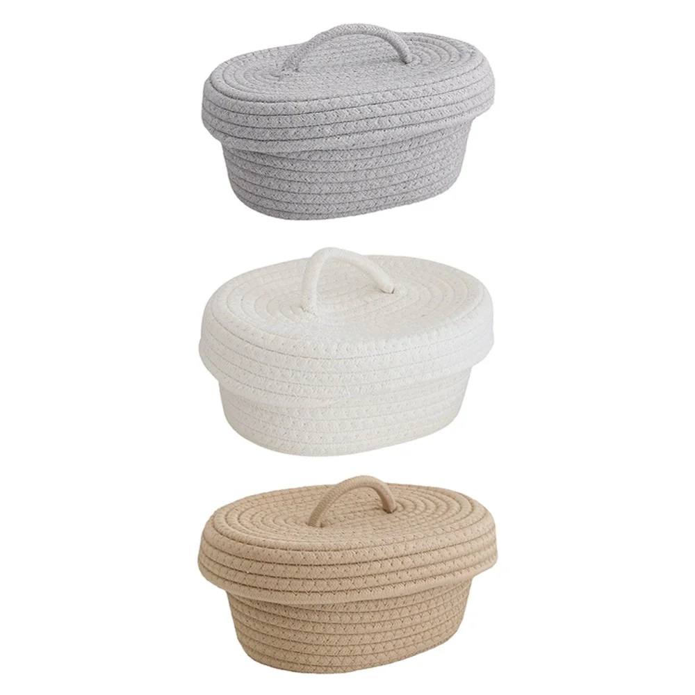 Oval Cotton Rope Woven Storage Baskets With Lid Kids Toys Desktop Organizer Sundries Storage Box Container Laundry Baskets