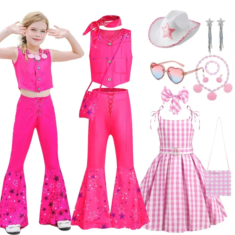 

2023 Movie Pink Girl Costume Hot Starry Top Pants Barbi Set for Girl Ladies Halloween Birthday Party Princess Kid Costume 3PCS