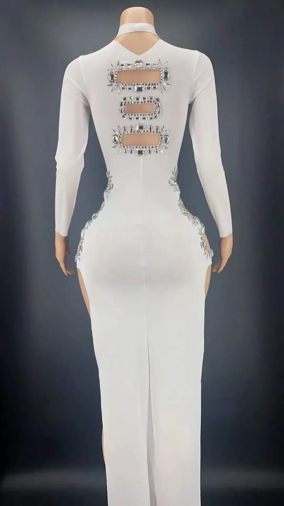 Sparkly Strass Frauen Langarm Cheongsam Sexy Kleid Nachtclub Sänger Tänzer Bühne Tragen Party Feiern Hohe Schlitz QiPao