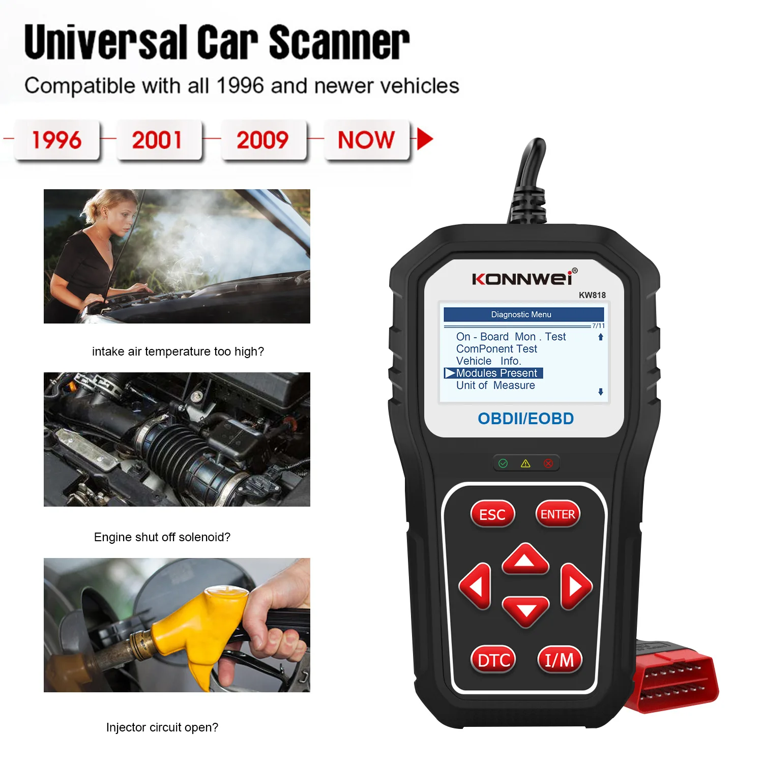 Tester Fault Code Reader Check Engine Light Diagnostic Tool for OBDll Compliant 2026 New KONNWEI KW818 Car OBD2 Scanner Battery
