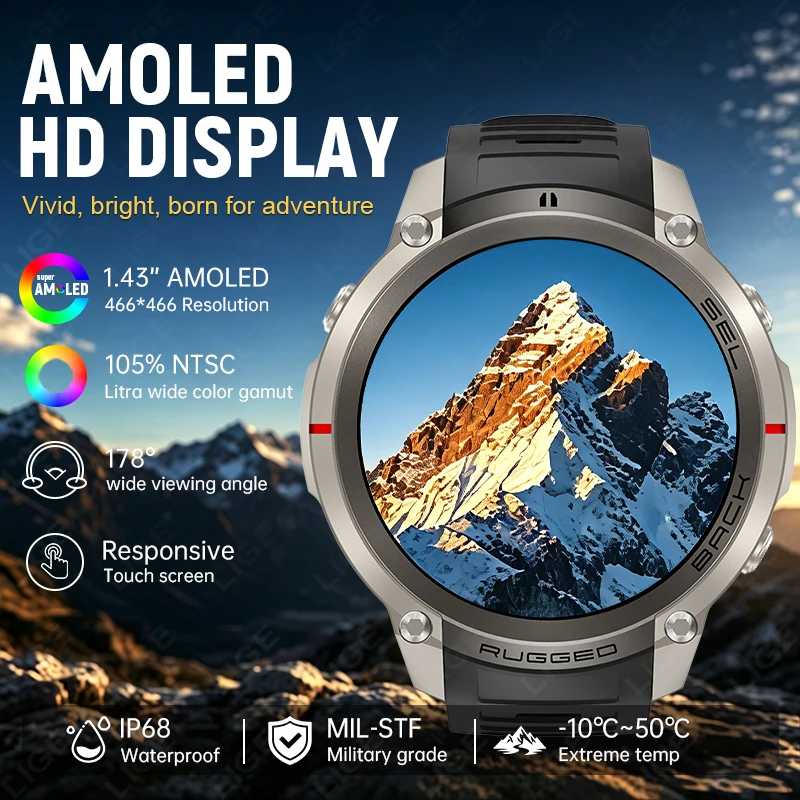 2026 Military Grade Built-in GPS Smart Watch 5ATM Waterproof Compass Altimeter Barometric AMOLED Men BT Call Sports Smartwatches