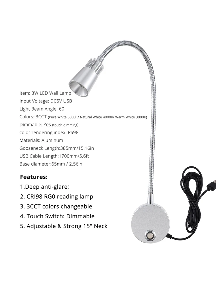 2pcs 5V USB Dimming 3W 3CCT Wall Reading Lamp Sconces Bedside Working Study LED Book Lamp Night Light Fixtures Gooseneck