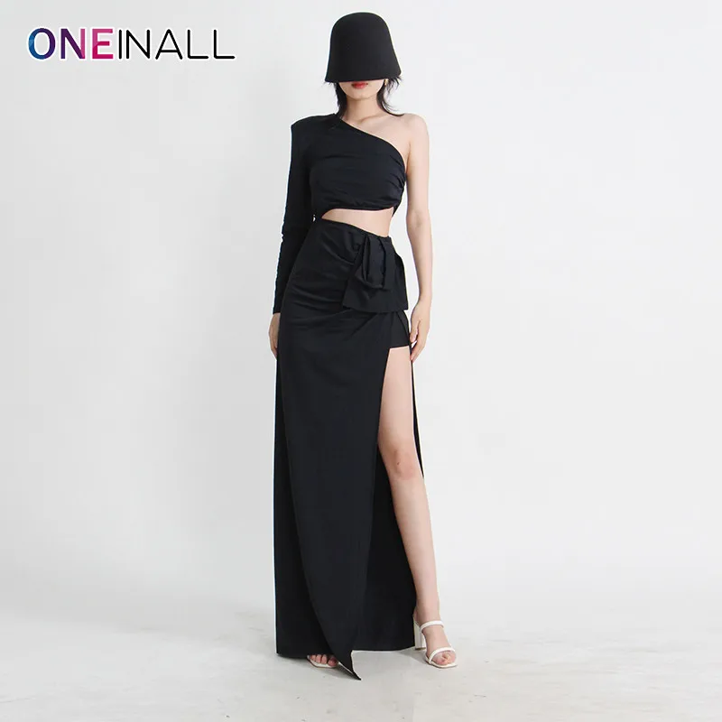 

ONEINALL Solid Hollow Out Dresses For Women Diagonal Collar One Shoulder Sleeve High Waist Split Thigh Maxi Slim Dress Female