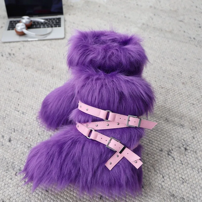 

New Design Snow Boots Fur shoes Pink GirlMid Calf Pink Boots Women Fluffy Warm Thick Soled Buckle Female Party Sweet Snow Boots