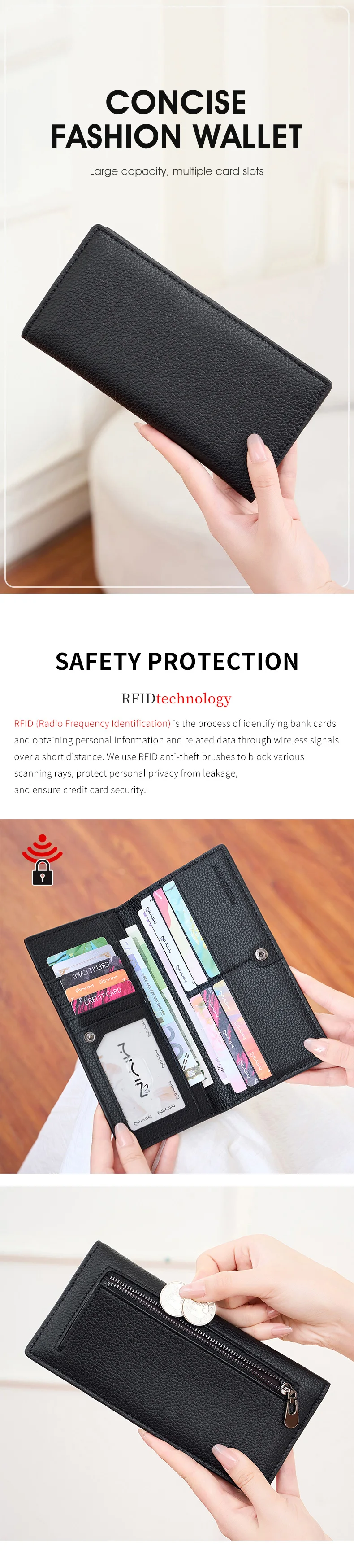 Minimalistische, ultradünne Damen-Geldbörse, RFID-blockierendes Kreditkartenetui, zweifach faltbar, lange Damen-Geldbörse, einfarbig, tragbare Clutch – Detail 1