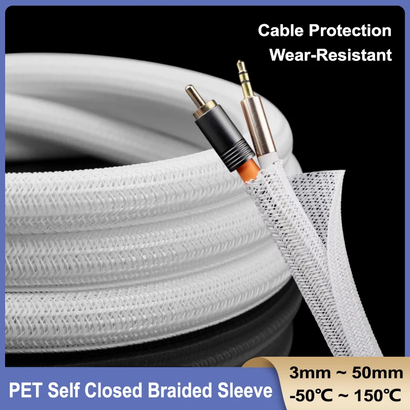 White PET Braided Self-Closed Cable Sleeve 3 5 8 10 13 16 19 25 mm Insulated USB Wire Power Cord High Protection Split Sleeving