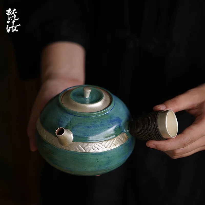 Fanyu Pink-Glazed Waistband Gilded Silver Rustic Side-Handle Teapot Outdoor Rough Pottery Charcoal-Fired Tea Brewing Pot