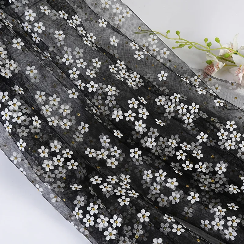 Offset Printing Plum Blossom Mesh Fabric Small Floral Sprinkling Gold Yarn Stage Performance Clothes Hair Accessories DIY Fabric