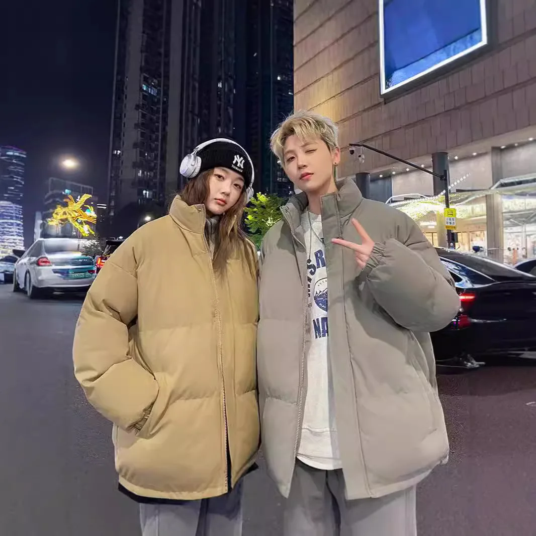 

Новая зимняя утолщенная пуховая хлопковая куртка для пары, мужское свободное пальто с воротником-стойкой, хлопковая одежда