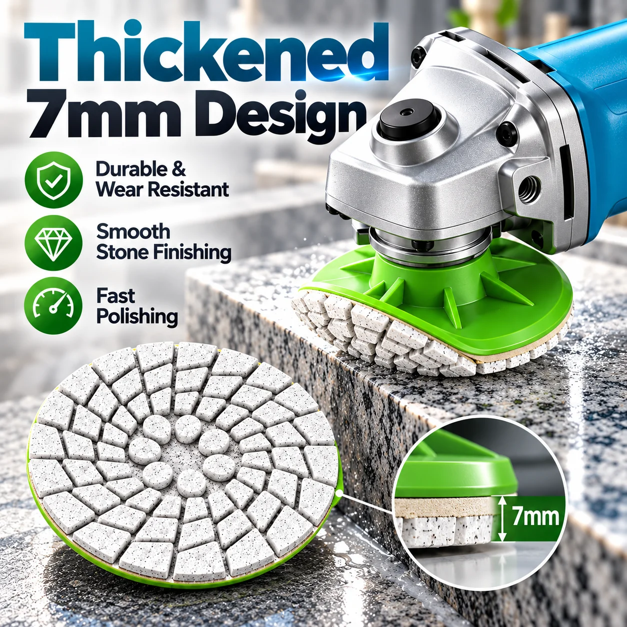 Diamond Polishing Pad for Granite Marble Stone, 7mm Thick Wear-Resistant Grinding Disc for Angle Grinder