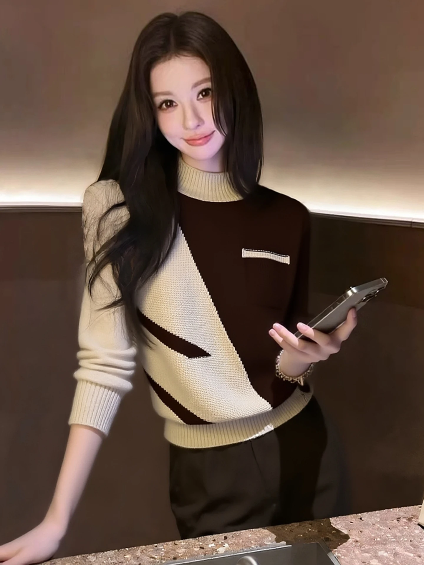 

Женский свитер Ele Color Blo из трикотажа с длинными рукавами, утепленный, зимний, универсальный, простой, с ощущением высокого качества