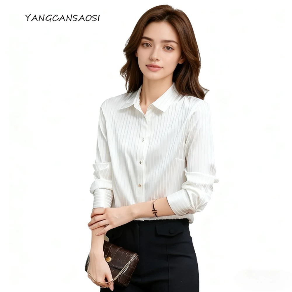 

2026 Women's Office Clothing Heavy 92% Natural Mulberry Silk Elastic Satin Stripe Turn-down Collar Long Sleeve Commuter Shirt