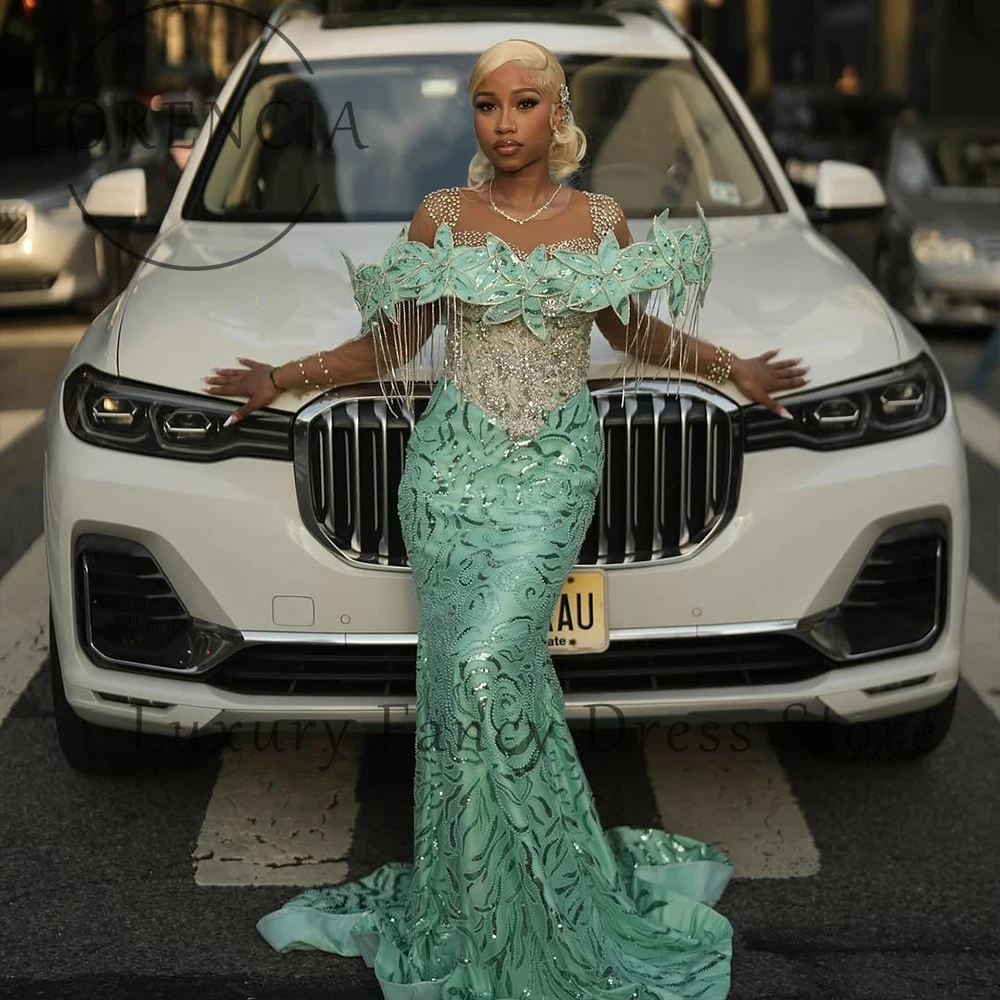 絶妙な葉の装飾品プロムドレスタッセルグリッターマーメイドウェディングパーティードレスカスタマイズされたノースリーブ