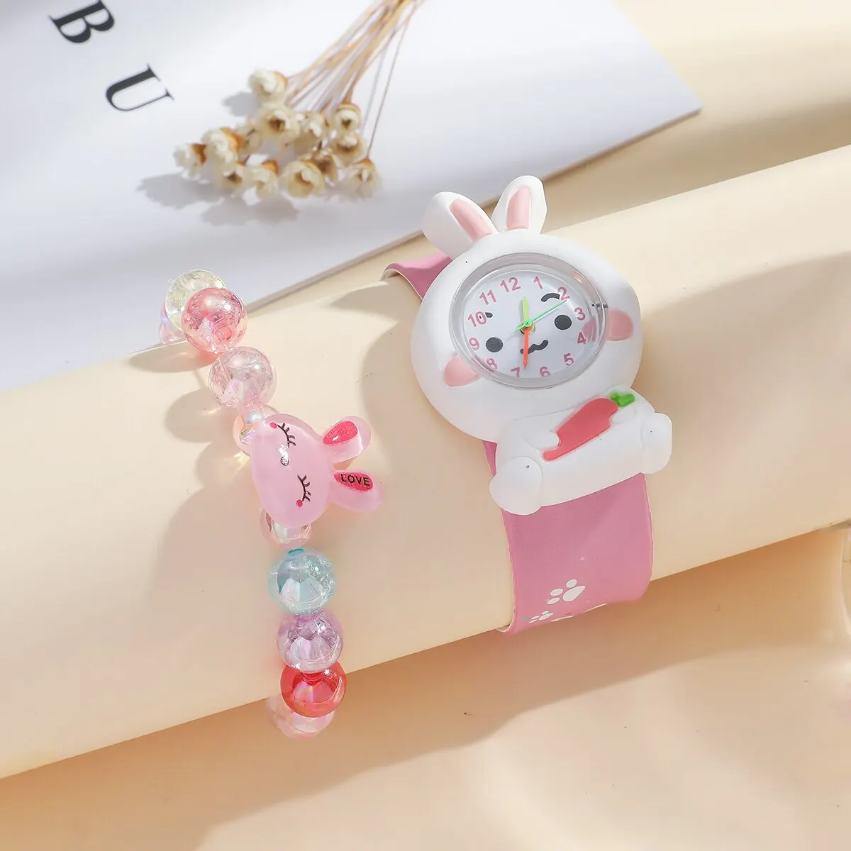 Childrens Kids Cartoon Rabbit Pattern Watch Jewelry Set Necklace Earrings Ring Bracelet Gifts for Children and Girls